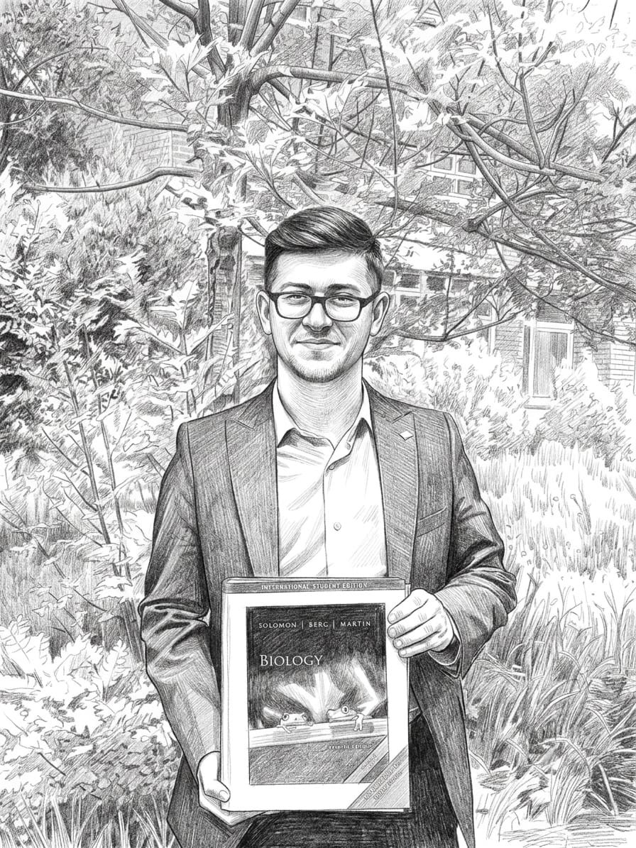Bahast holding a Biology textbook outdoors